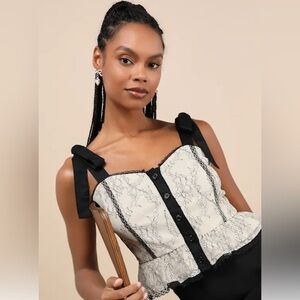 NWT Lulu’s Black and Cream Lace Tie Strap Tank Top
